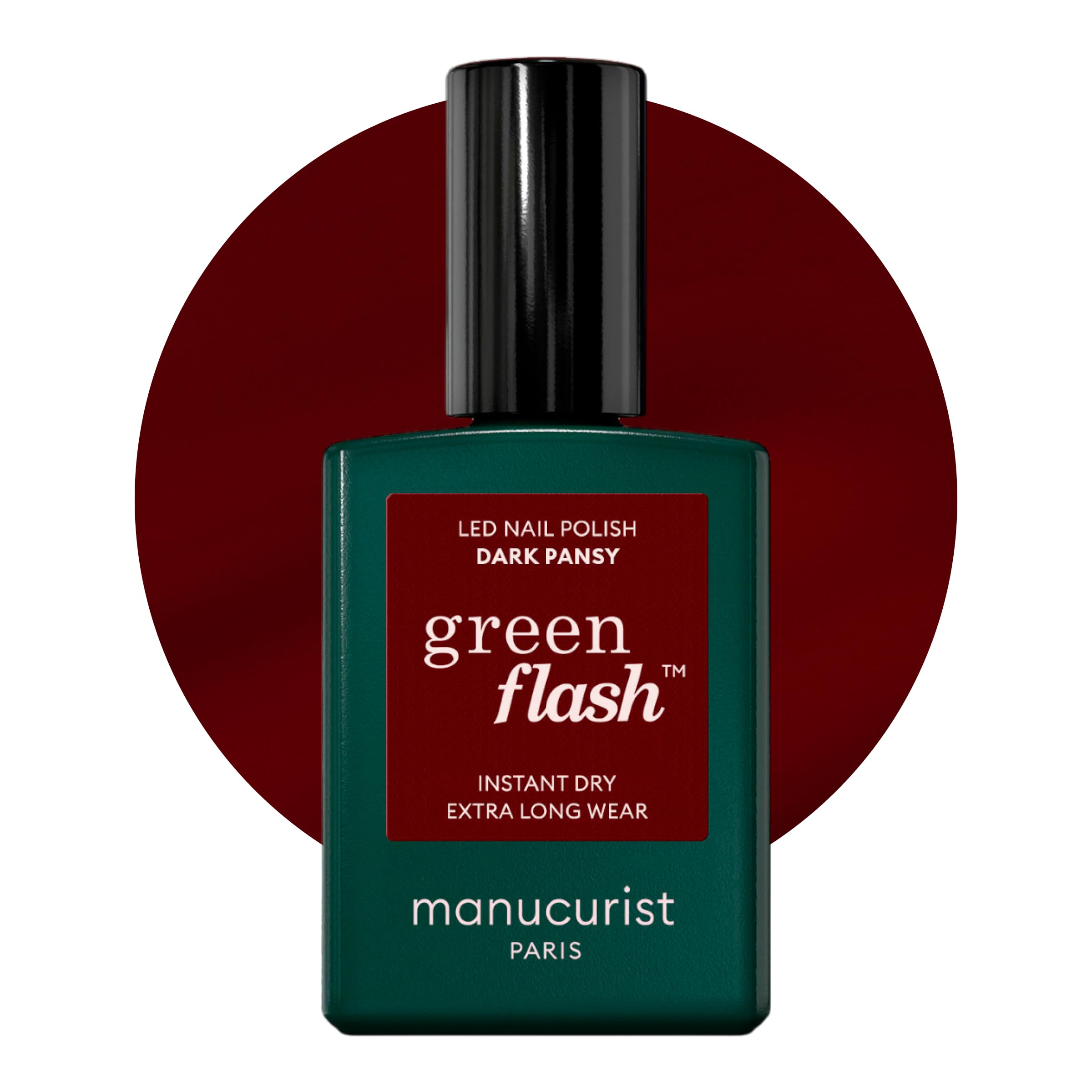 Manucurist Green Flash Dark Pansy bottle closeup, vegan plant-based gel polish for burgundy nails.