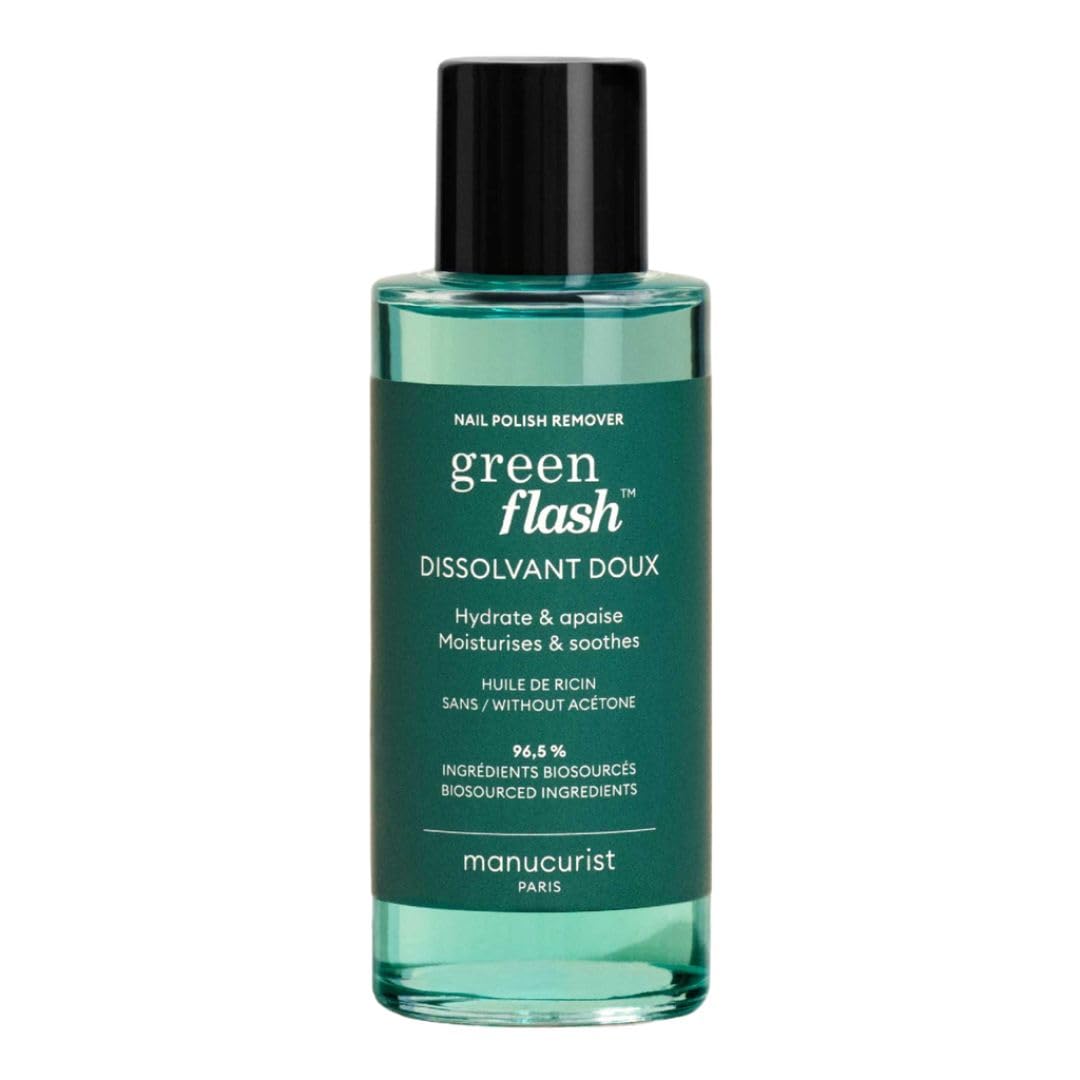 Manucurist Green Flash Remover bottle close-up, plant-based and acetone-free for safe polish removal.