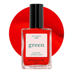 Manucurist Green Lava bottle close-up shows vibrant orange-red shade and vegan formula for long-lasting glow.