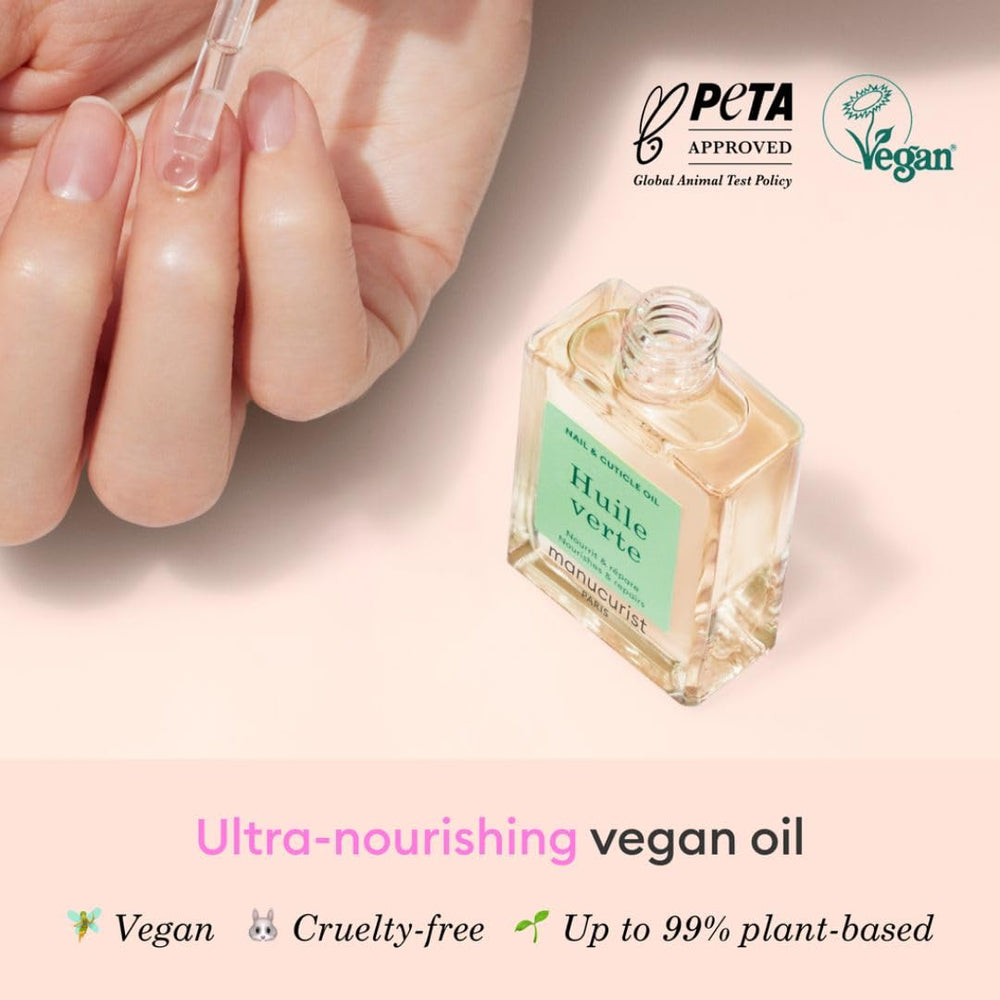 Manucurist Green Oil application on cuticles demonstrates daily hydration for nails.