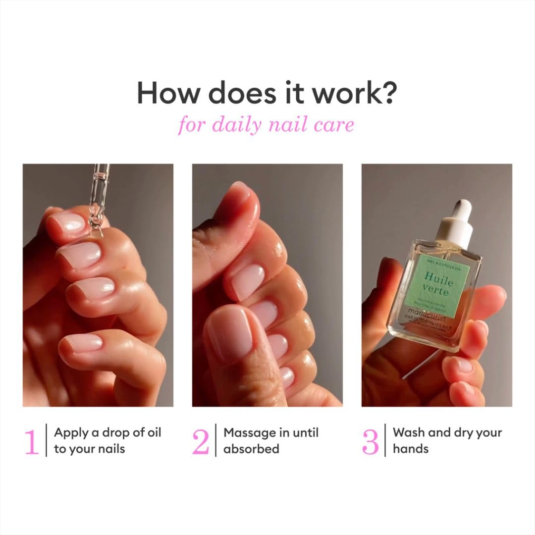 Manucurist Green Oil on nails and cuticles supports healthy growth.