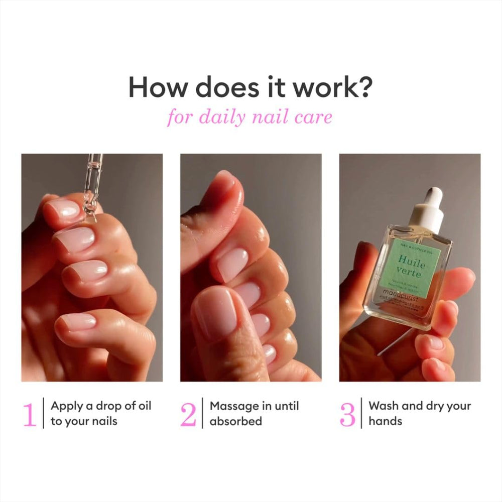 Manucurist Green Oil on nails and cuticles supports healthy growth.