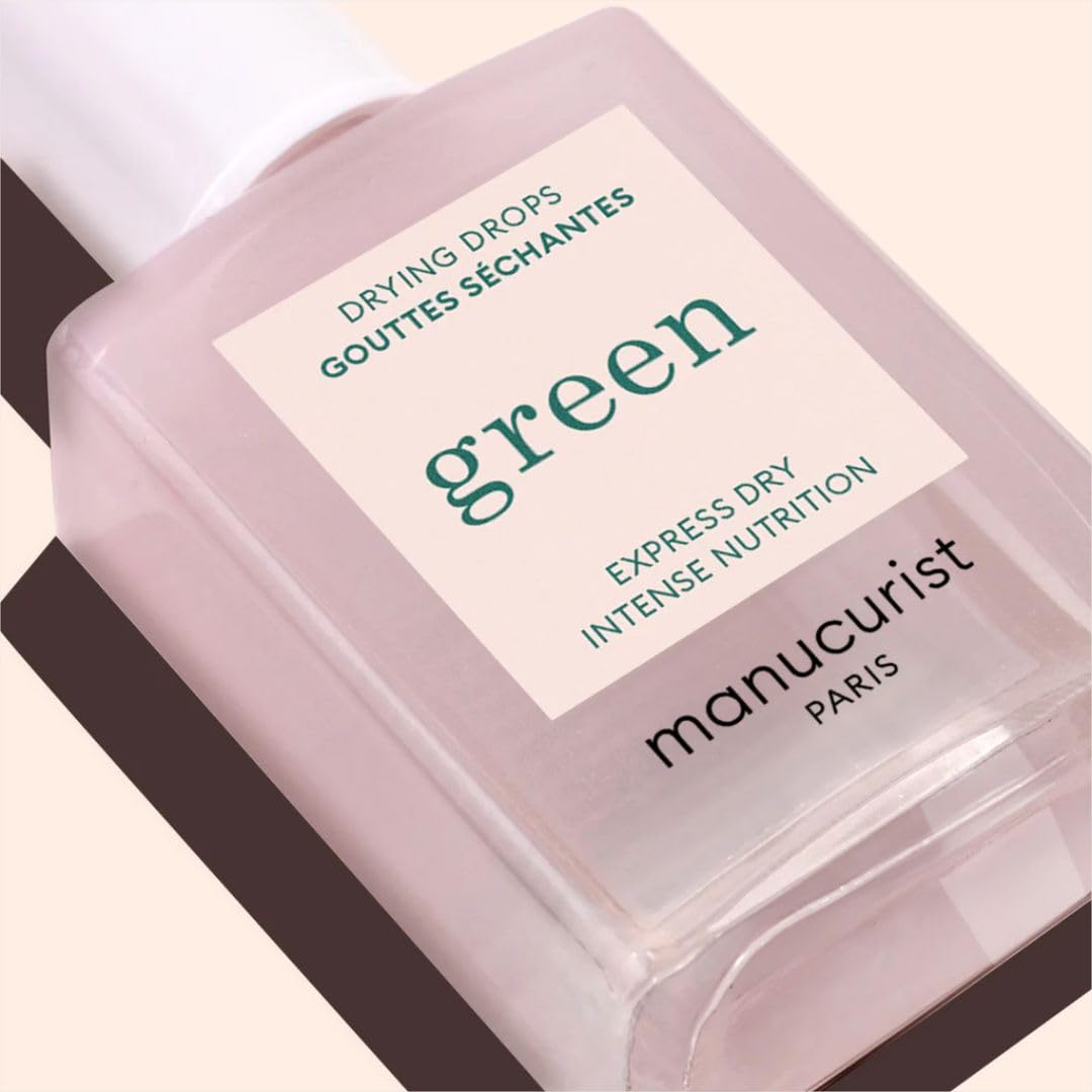 Manucurist Green Drying Drops on display emphasizing Green System compatibility