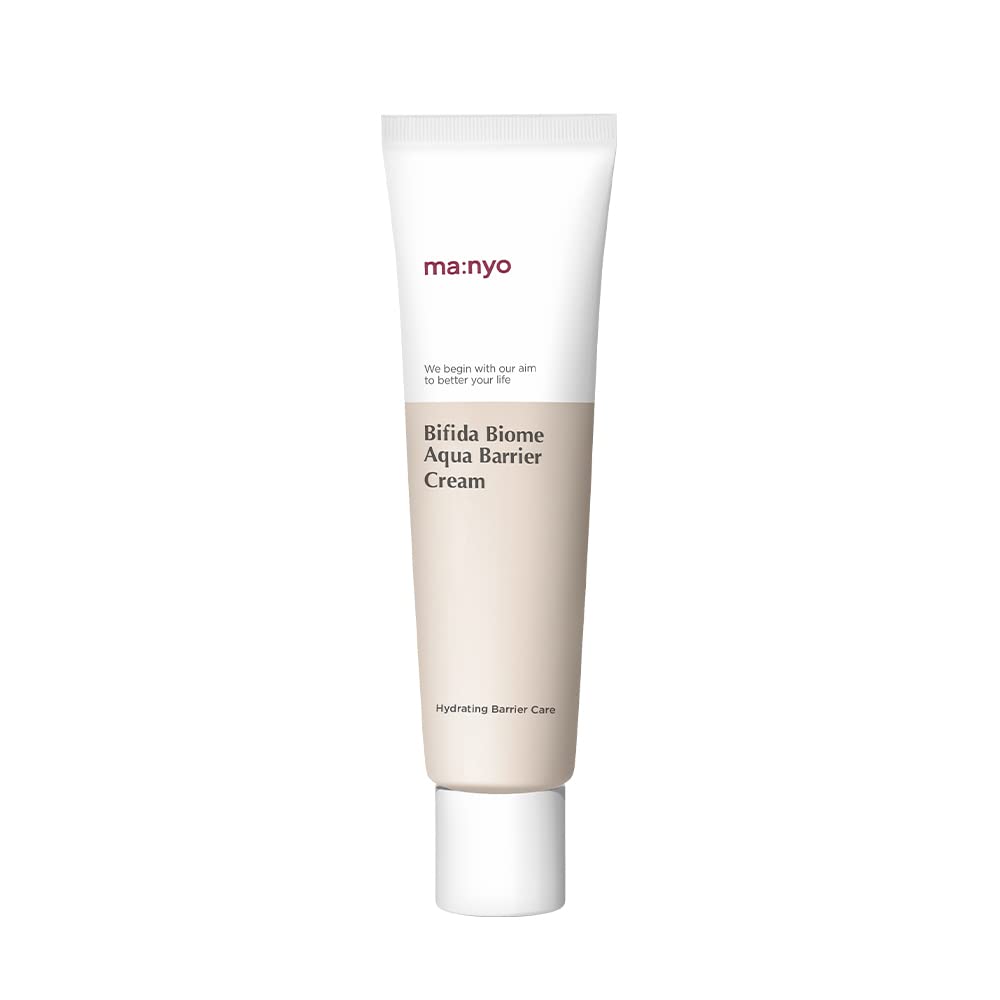 Manyo Bifida Biome Aqua Barrier Cream bottle close-up highlighting quick hydration for all skin types.