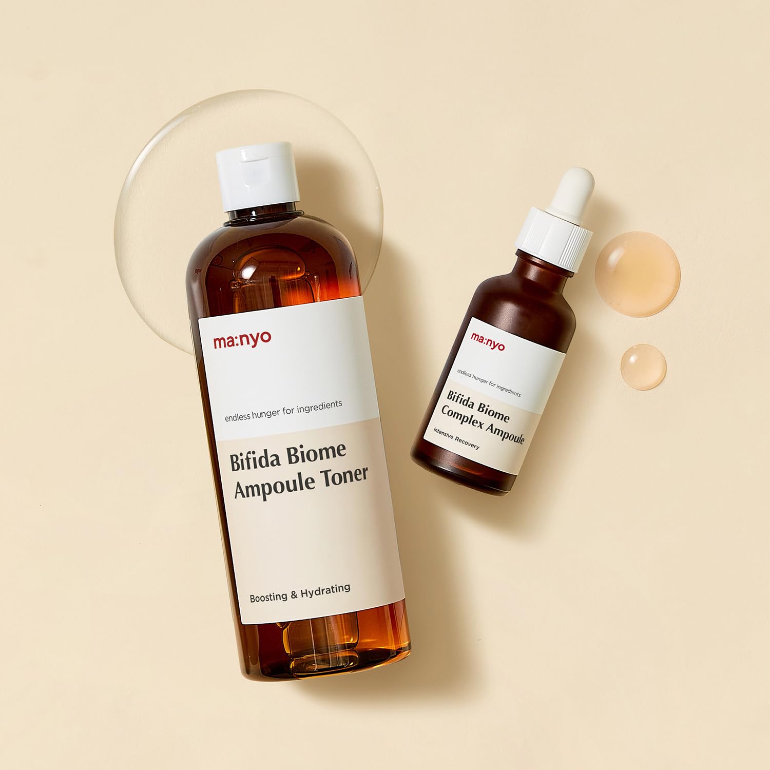 MA:NYO Bifida Biome Complex Ampoule Serum application on skin demonstrates even coverage.