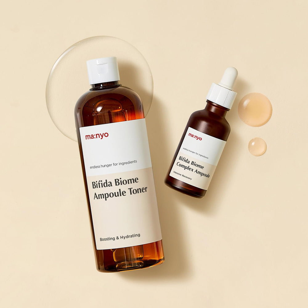 MA:NYO Bifida Biome Complex Ampoule Serum application on skin demonstrates even coverage.