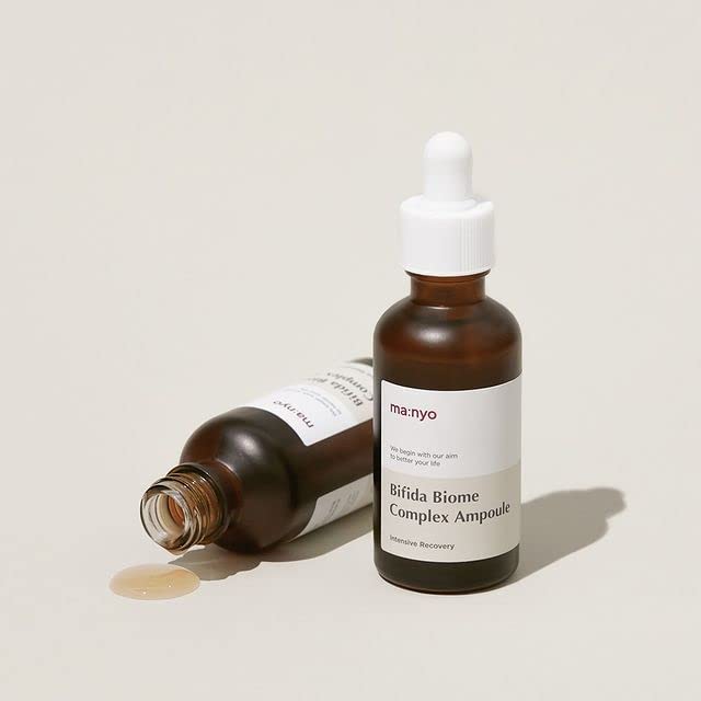 MA:NYO Bifida Biome Complex Ampoule Serum ingredients closeup highlights HA and probiotics.