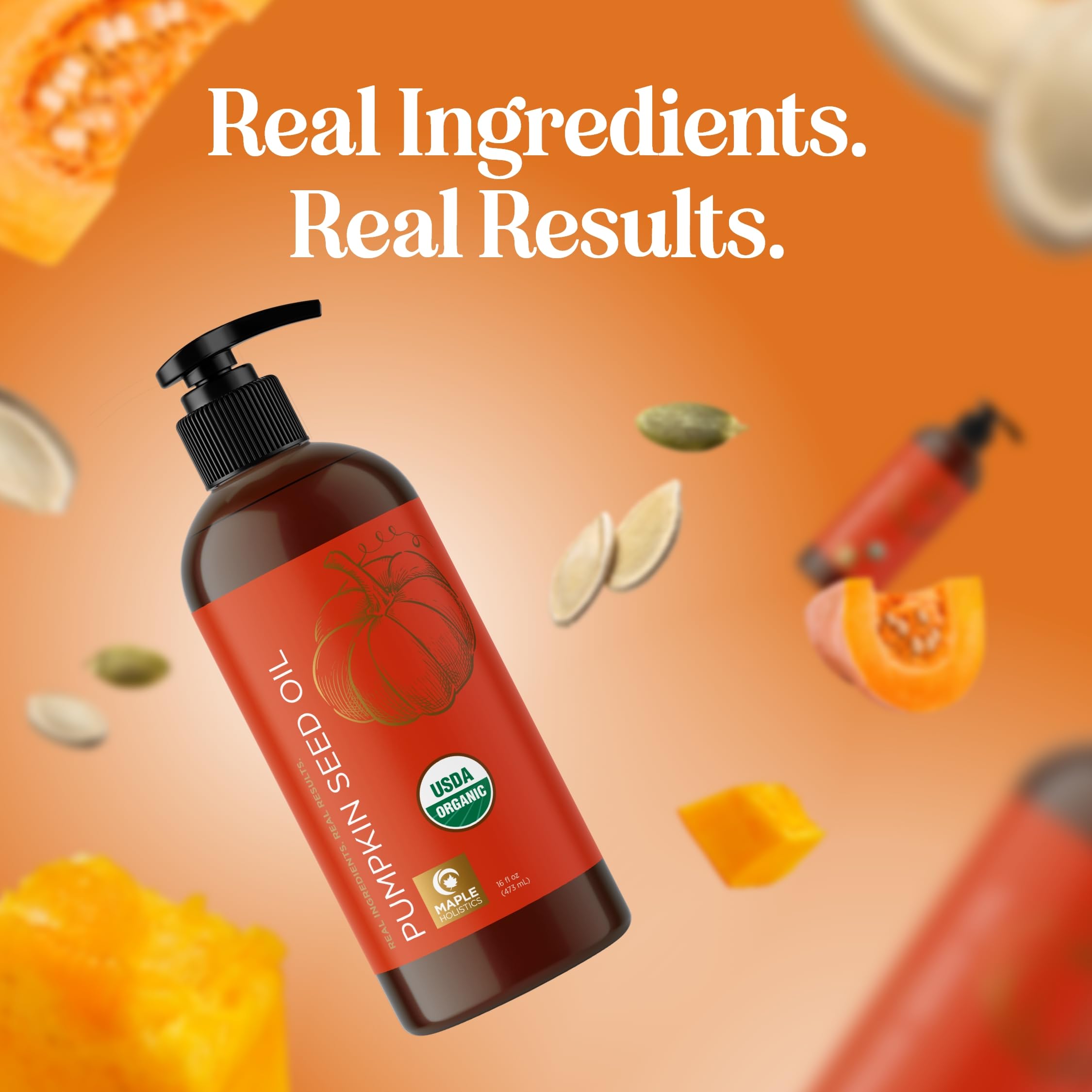 16oz bottle of Maple Holistics pumpkin seed oil ready for use