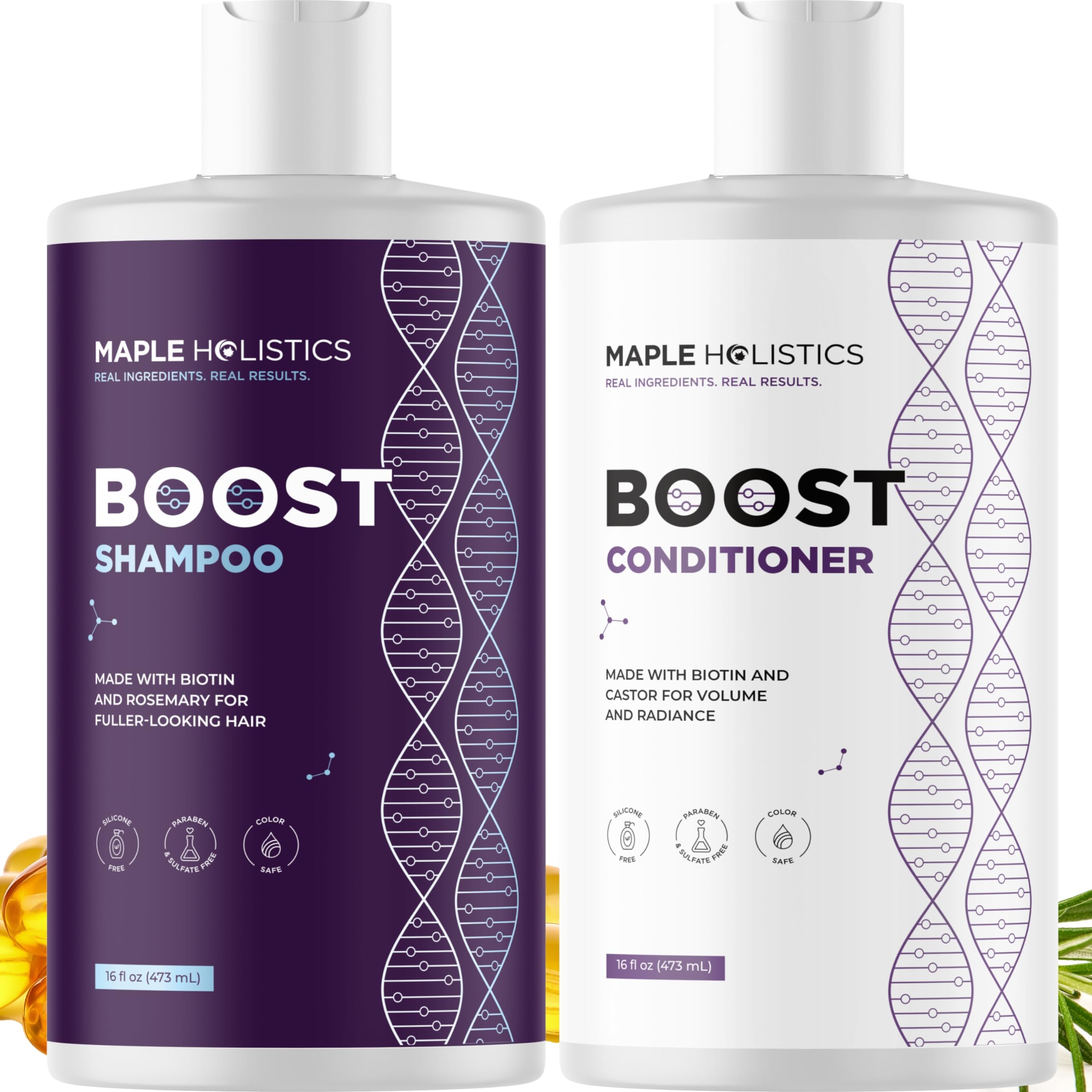 Maple Holistics Advanced Biotin Shampoo label highlights sulfate-free formula for thinning hair.