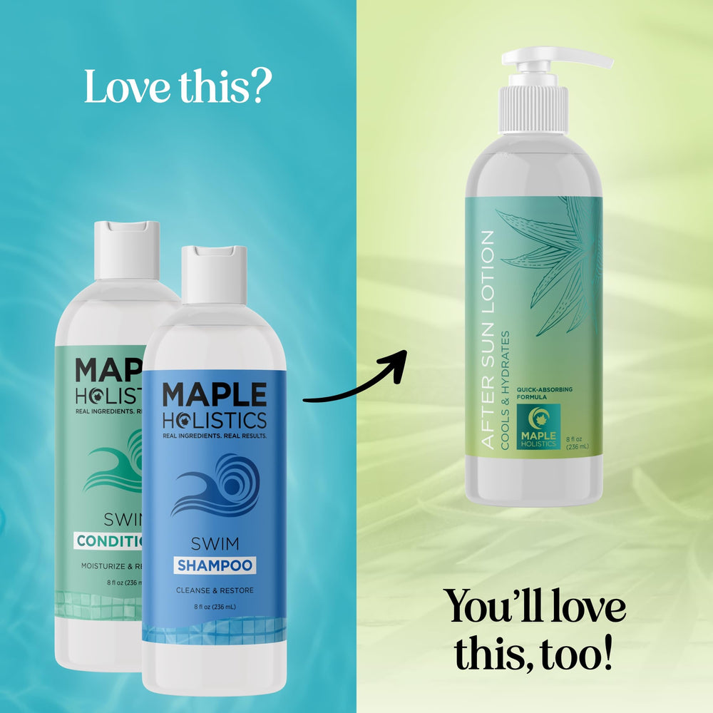 Maple Holistics After Swim Hair with towel shows post-swim drying and revitalization