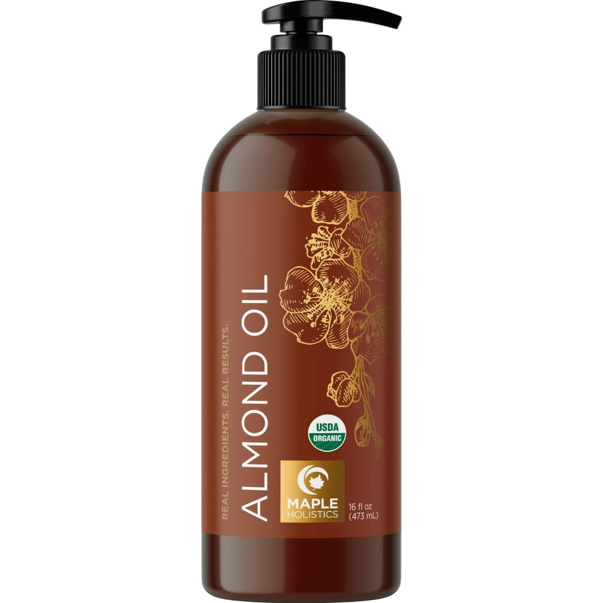Maple Holistics almond oil bottle 16oz for deep hydration of hair and skin.