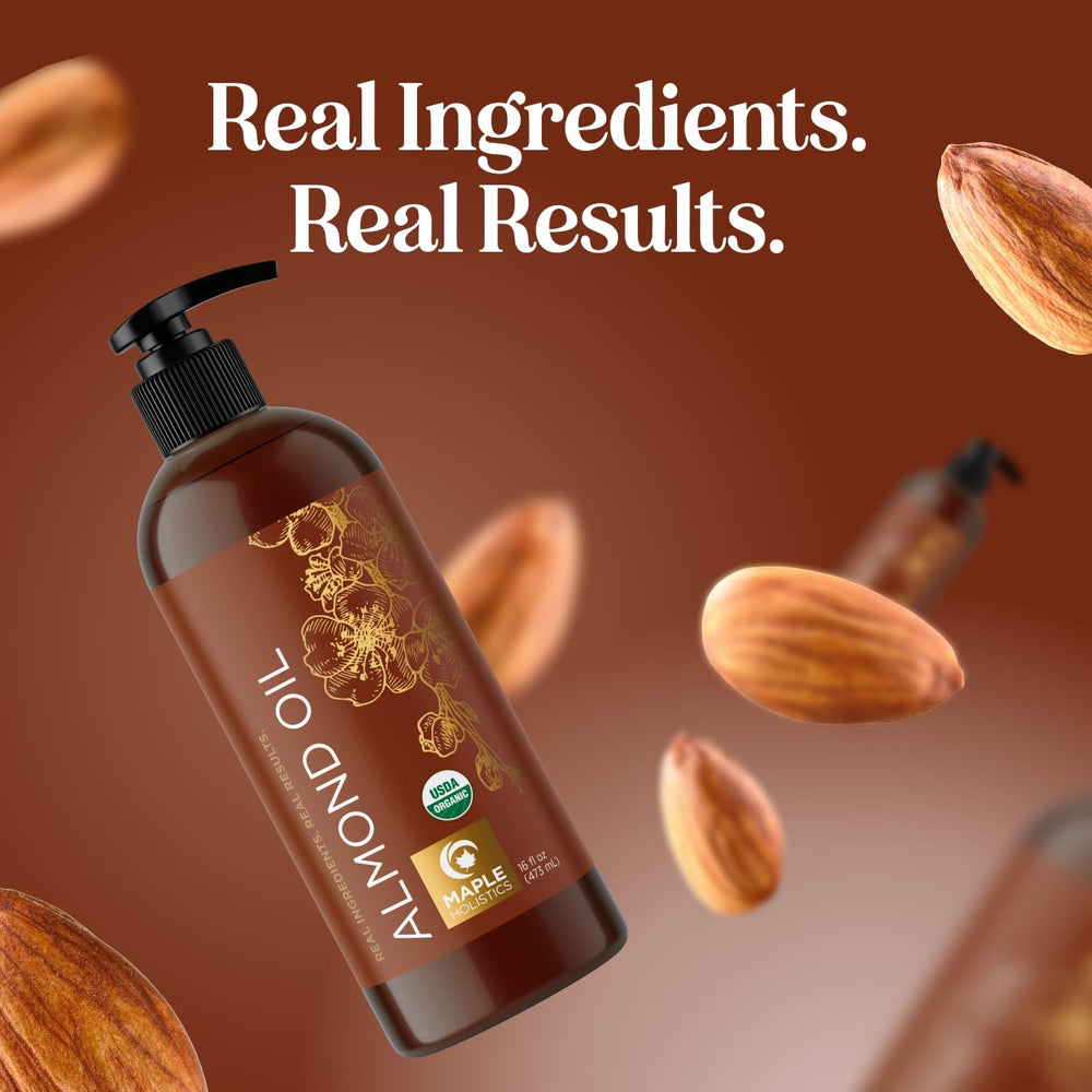 Maple Holistics almond oil label illustration communicates natural, versatile carrier for blends.