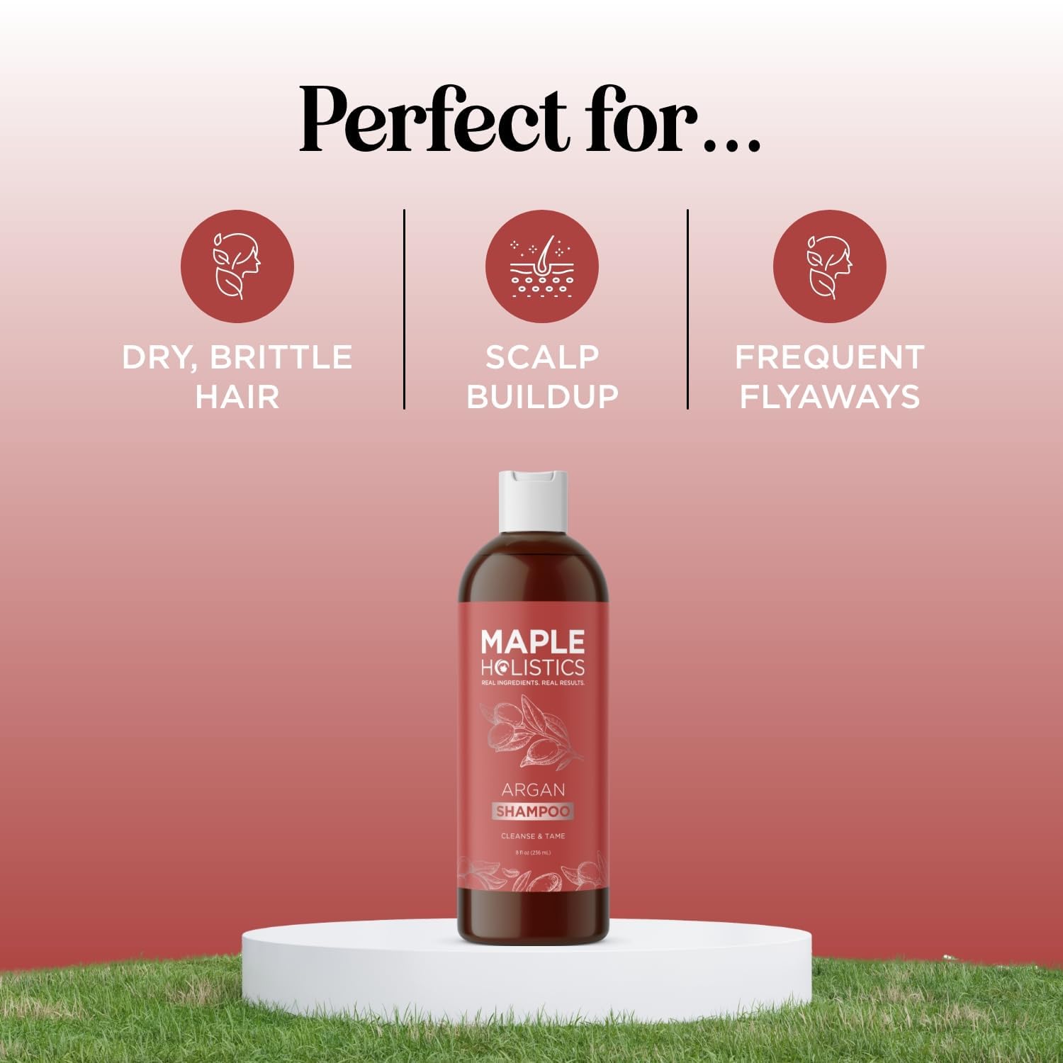 Maple Holistics Argan Oil Shampoo bottle-packaging shown encourages routine for dry-frizz control