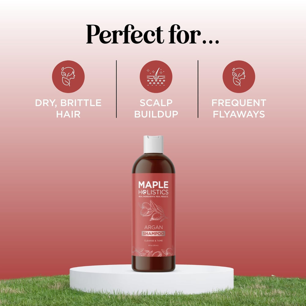 Maple Holistics Argan Oil Shampoo bottle-packaging shown encourages routine for dry-frizz control