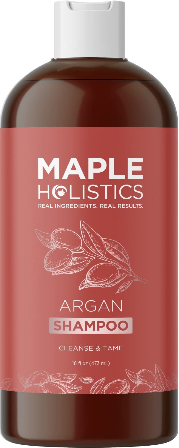 Maple Holistics Argan Oil Shampoo bottle shows sulfate free formula for frizz control and shine.