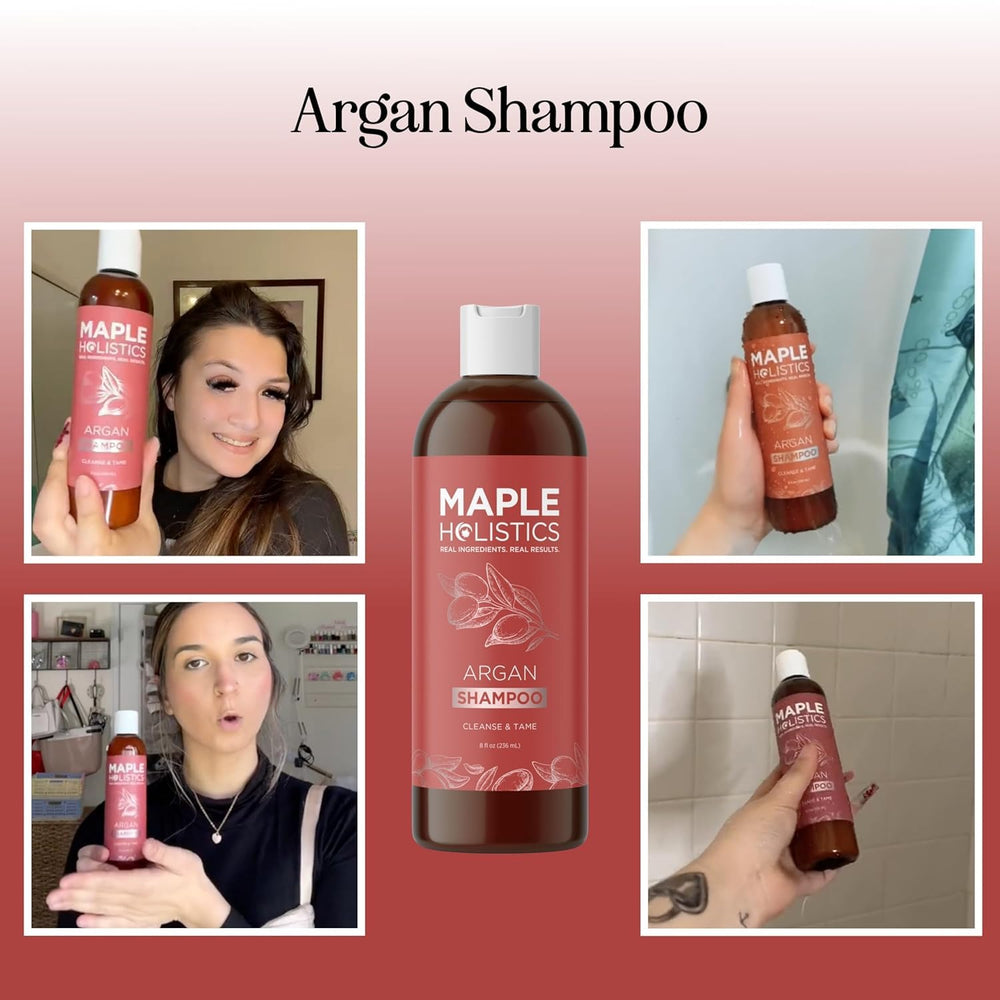 Maple Holistics Argan Oil Shampoo frizz-control closeup demonstrates smoother hair