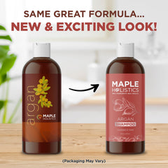 Maple Holistics Argan Oil Shampoo frizz control close up shows smoother strands.