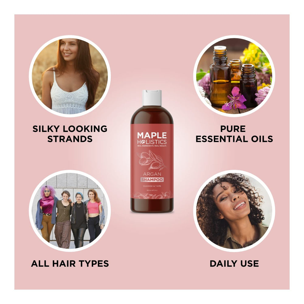 Maple Holistics Argan Oil Shampoo hair shine close up demonstrates glossy hair results.