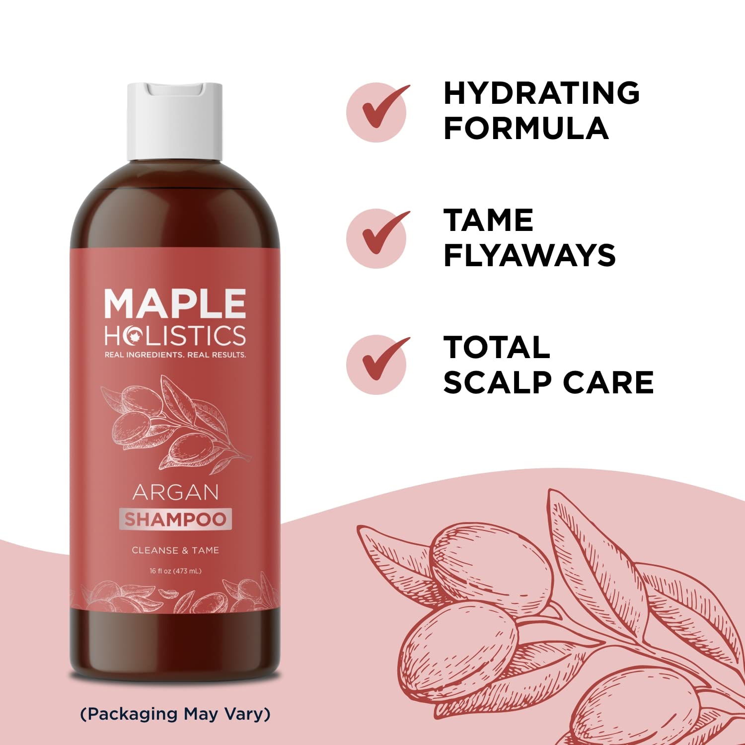 Maple Holistics Argan Oil Shampoo ingredient shot features argan, avocado, and peach kernel oils.