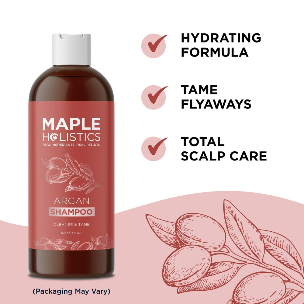 Maple Holistics Argan Oil Shampoo ingredient shot features argan, avocado, and peach kernel oils.