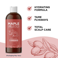 Maple Holistics Argan Oil Shampoo ingredient shot features argan, avocado, and peach kernel oils.
