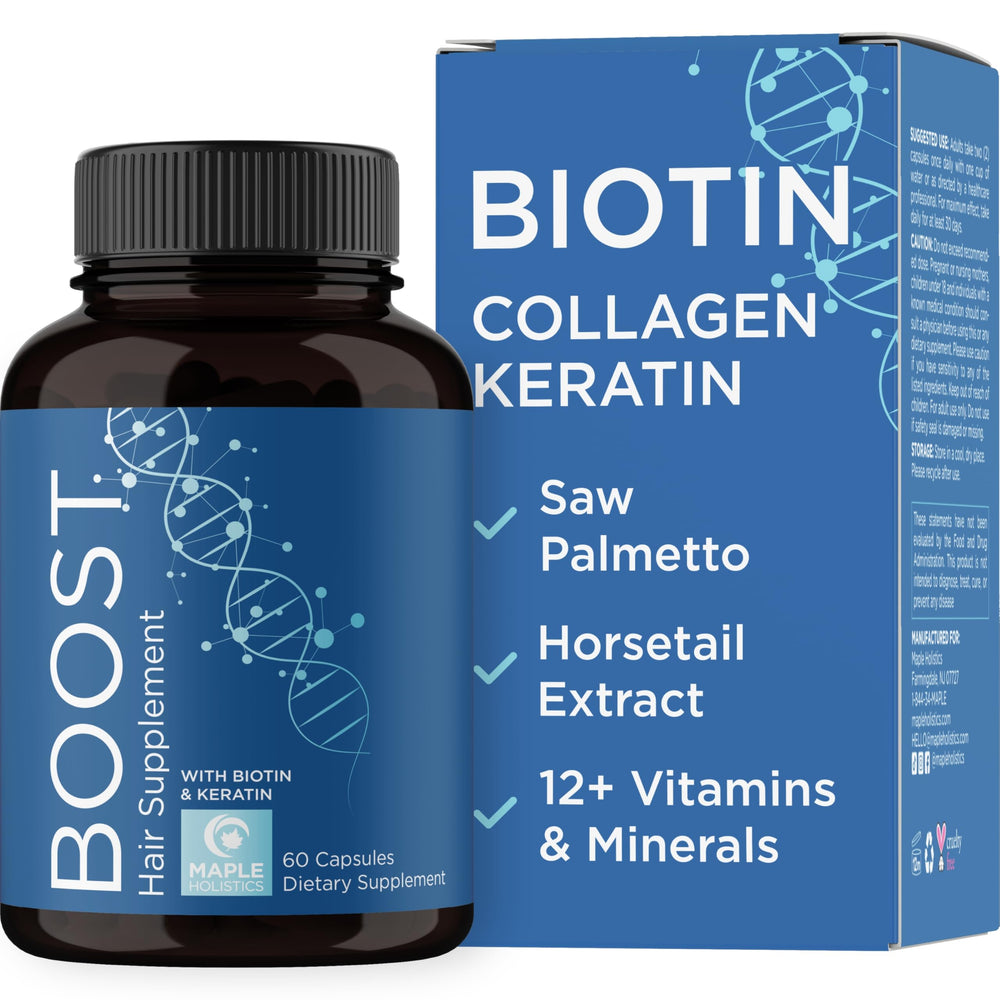 Maple Holistics biotin 10000mcg collagen capsules bottle supports hair and nails.
