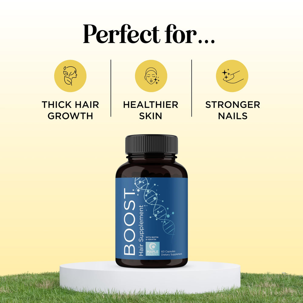 Maple Holistics biotin collagen pills closeup highlights hair support and skin health.