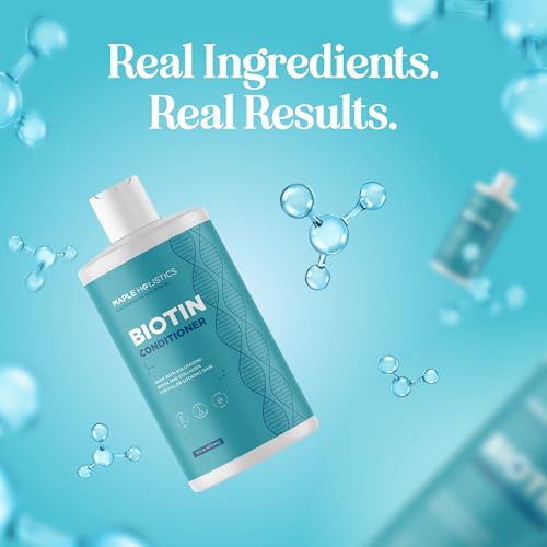 Maple Holistics Biotin Conditioner full bottle on countertop highlights product availability