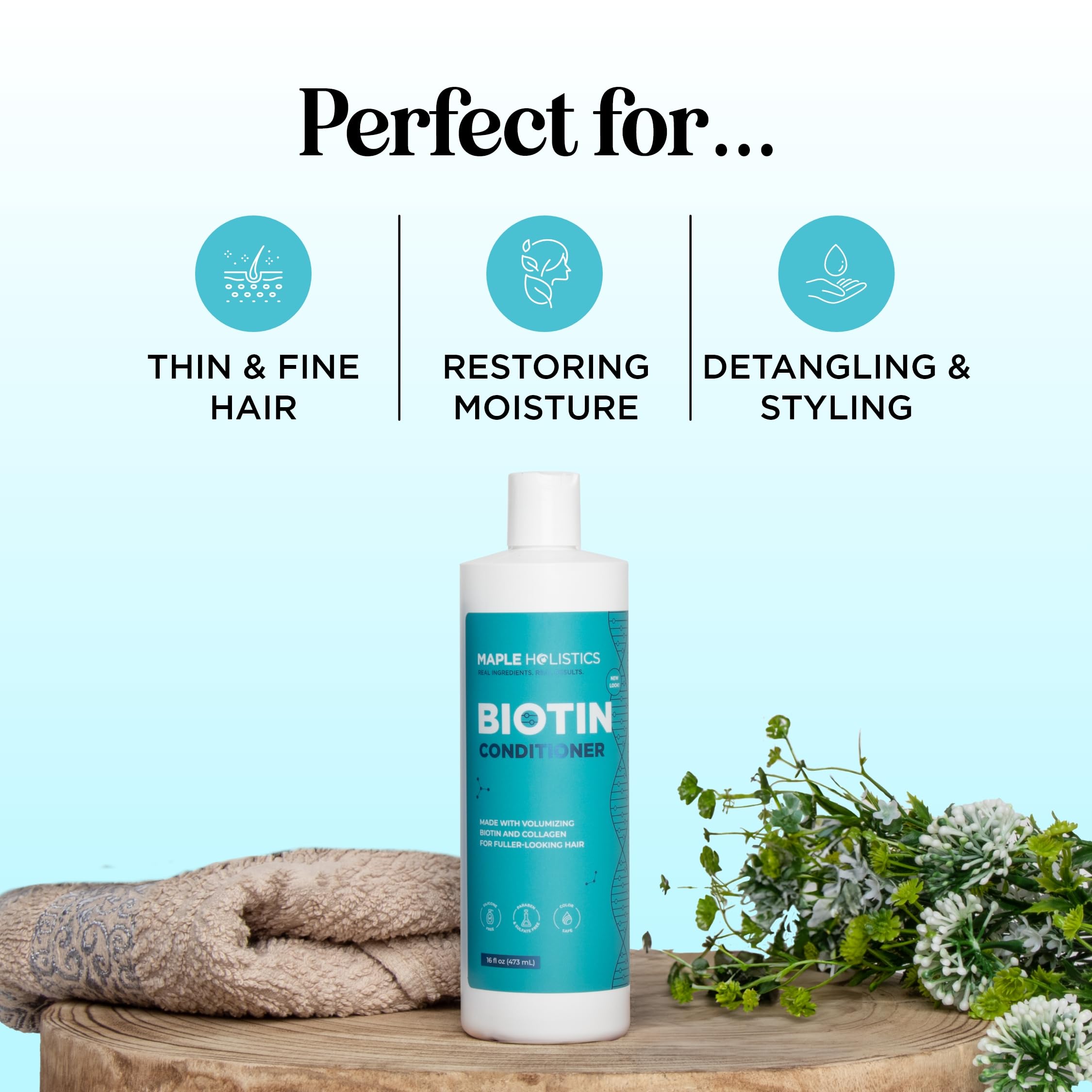 Maple Holistics Biotin Conditioner label emphasizes sulfate-free, silicone-free care