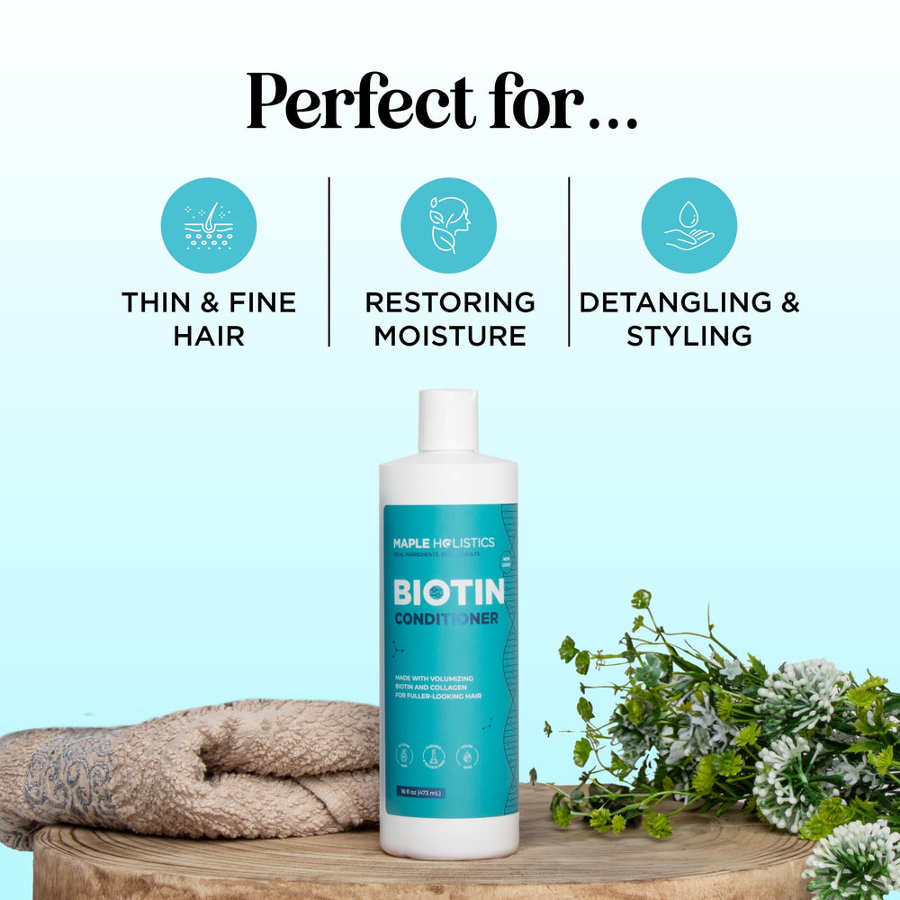 Maple Holistics Biotin Conditioner label emphasizes sulfate-free, silicone-free care