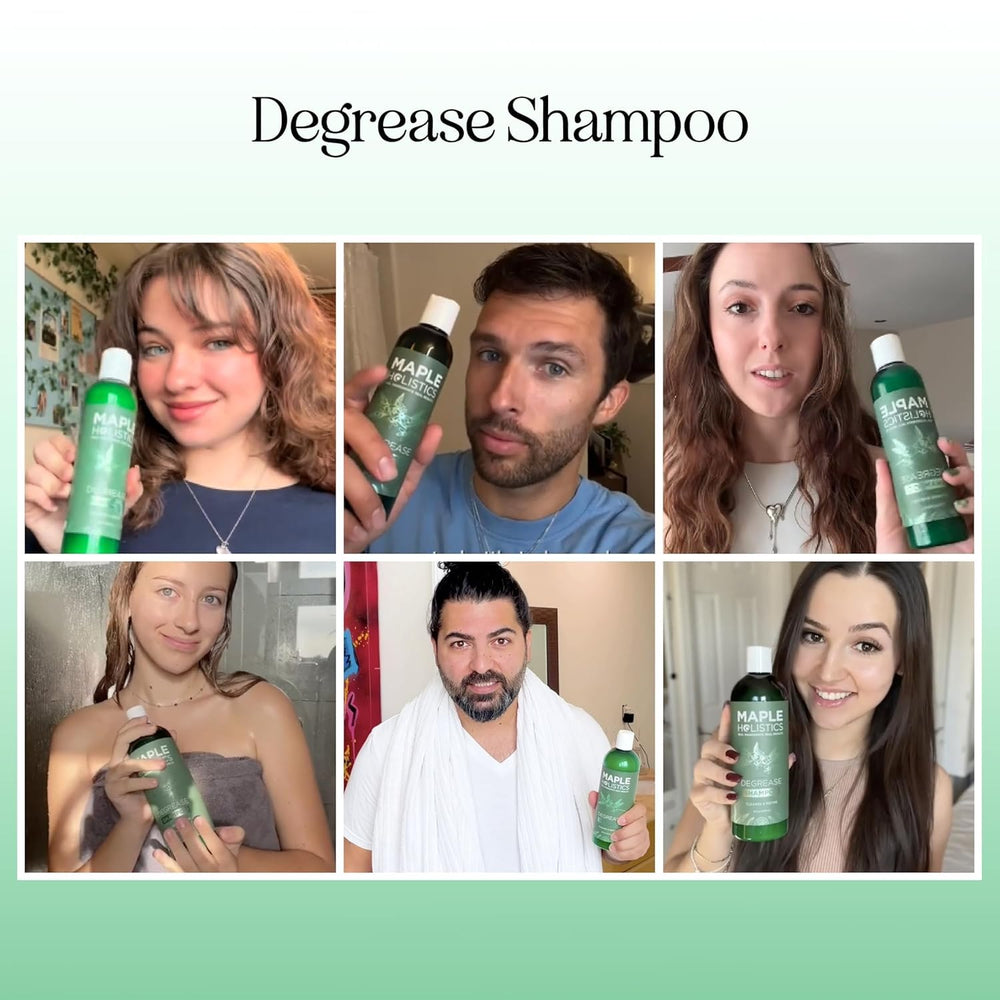 Maple Holistics clarifying shampoo pour action demonstrates deep cleanse for buildup-prone hair.