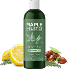 Maple Holistics Degrease bottle closeup highlights purifying oily-hair formula.