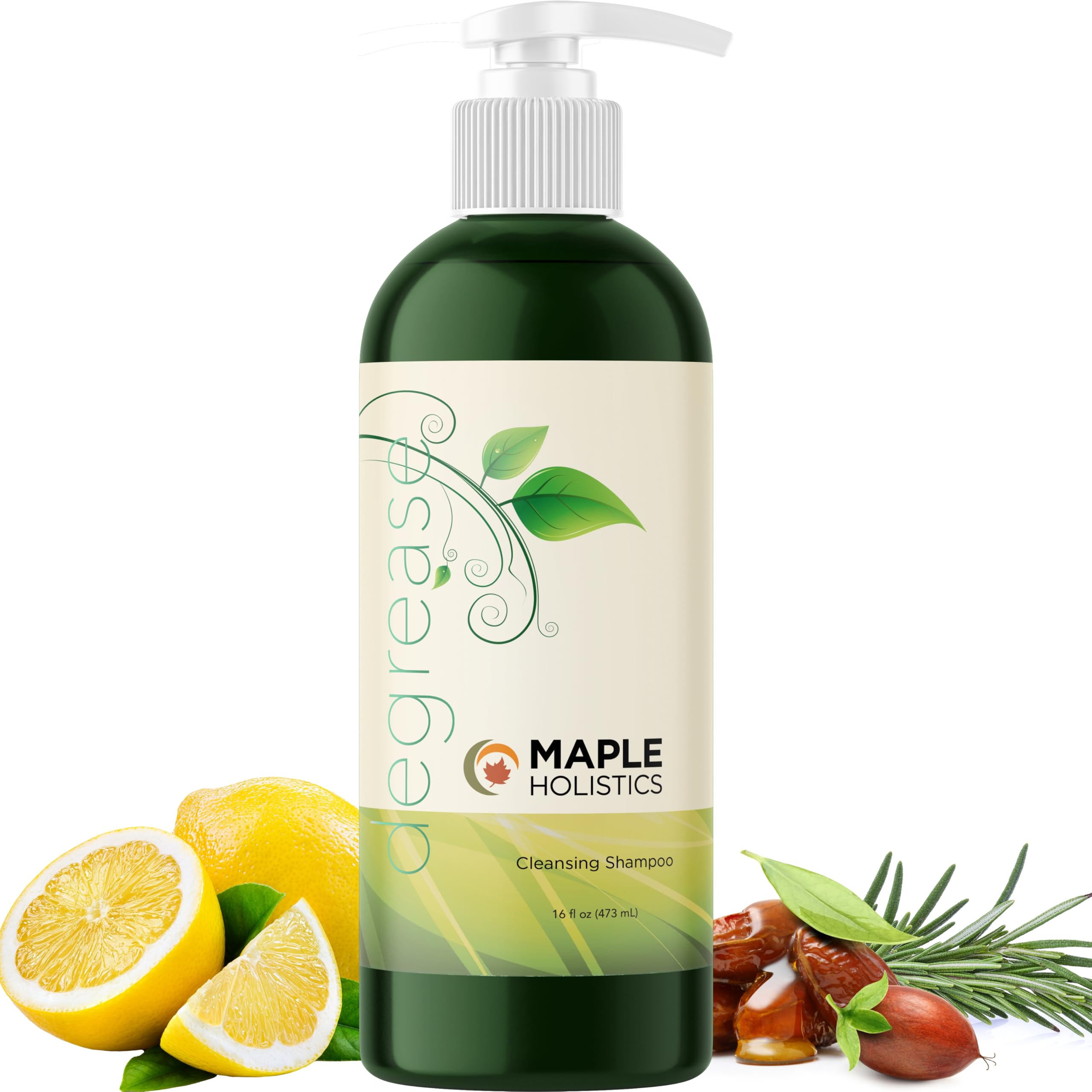 Maple Holistics Degrease oily hair shampoo bottle demonstrating deep cleansing for oily scalps.