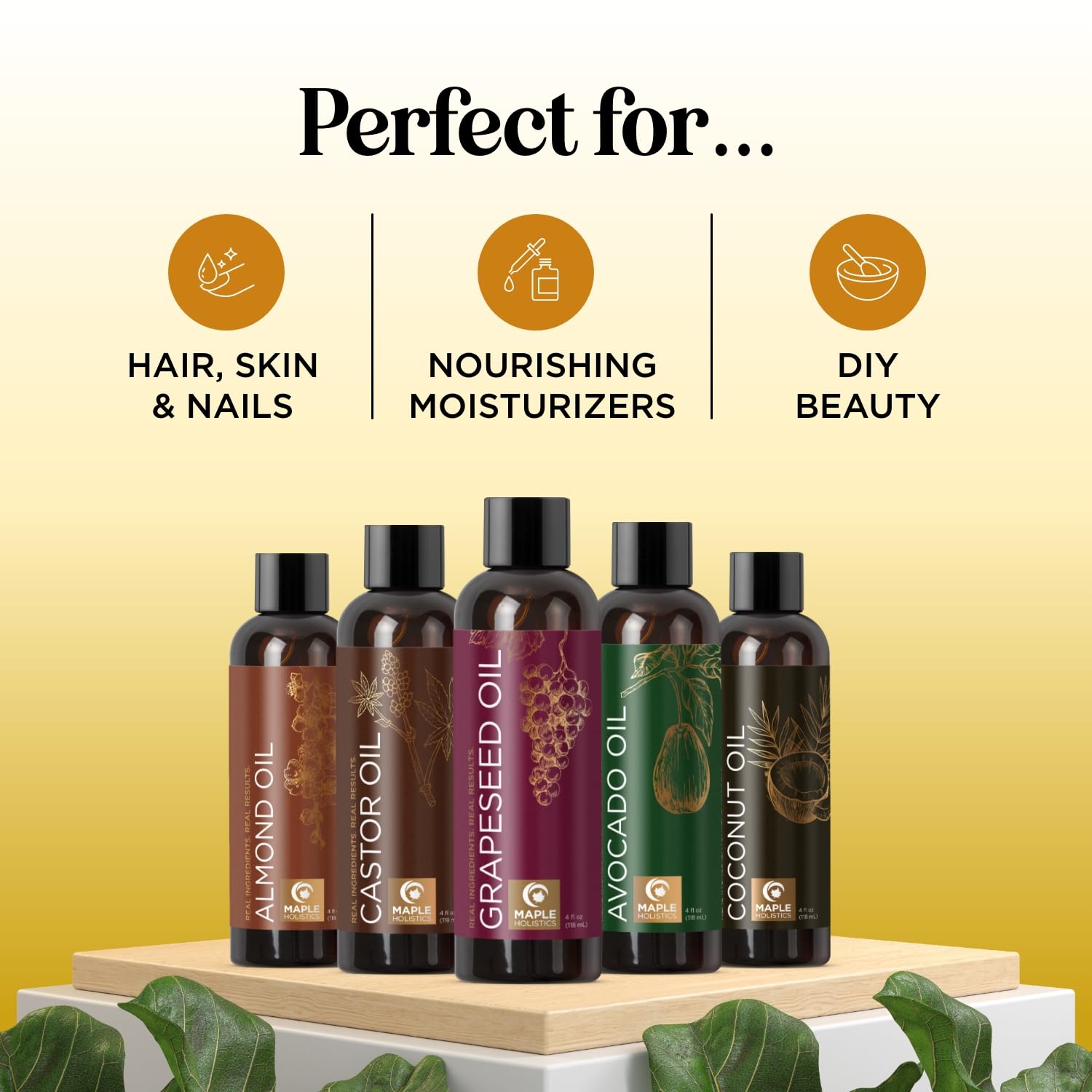 Maple Holistics fractionated coconut oil bottle for quick-absorbing hydration.