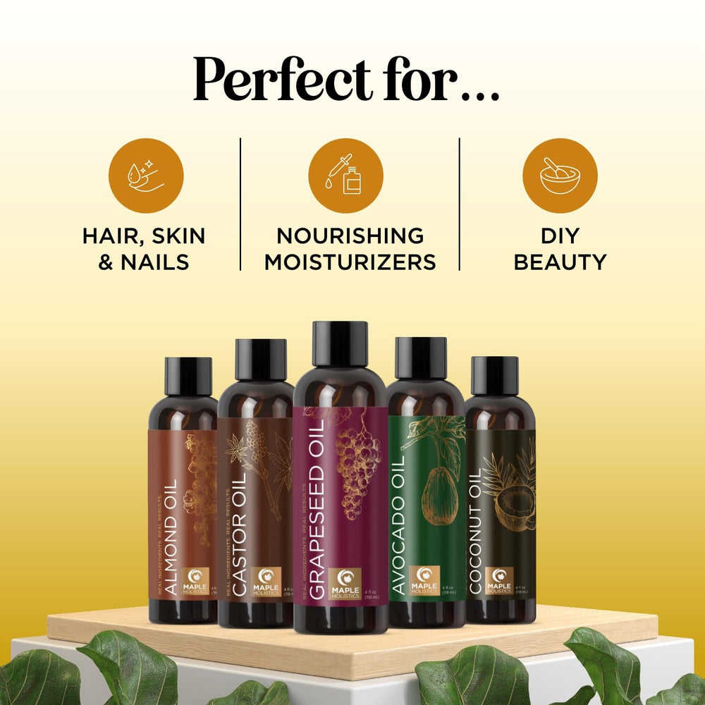 Maple Holistics fractionated coconut oil bottle for quick-absorbing hydration.