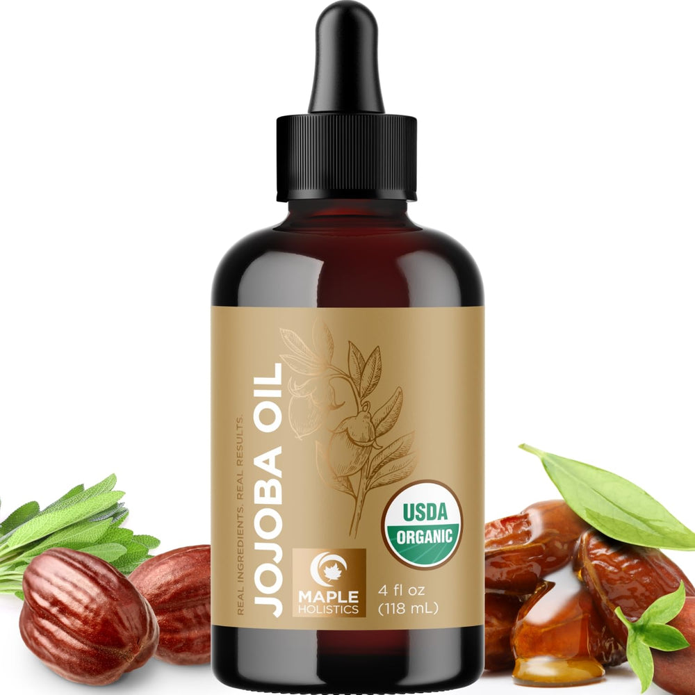 Maple Holistics Organic Jojoba Oil bottle close-up for smooth skin and hair hydration