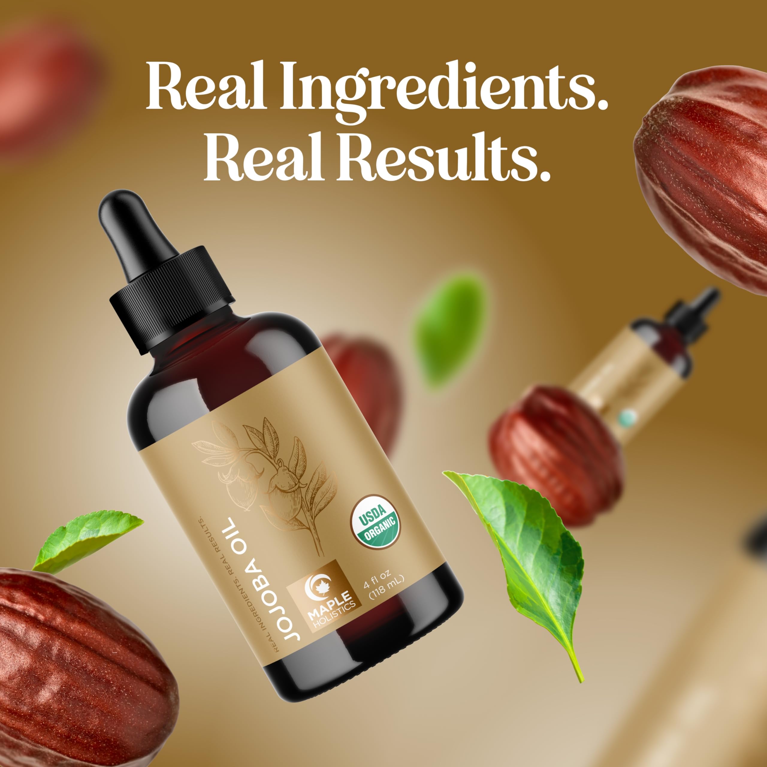 Maple Holistics Jojoba Oil packaging emphasizing purity and eco-friendly approach
