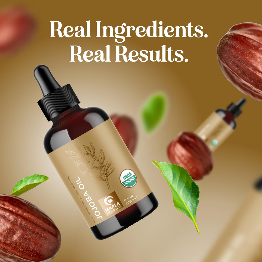 Maple Holistics Jojoba Oil packaging emphasizing purity and eco-friendly approach
