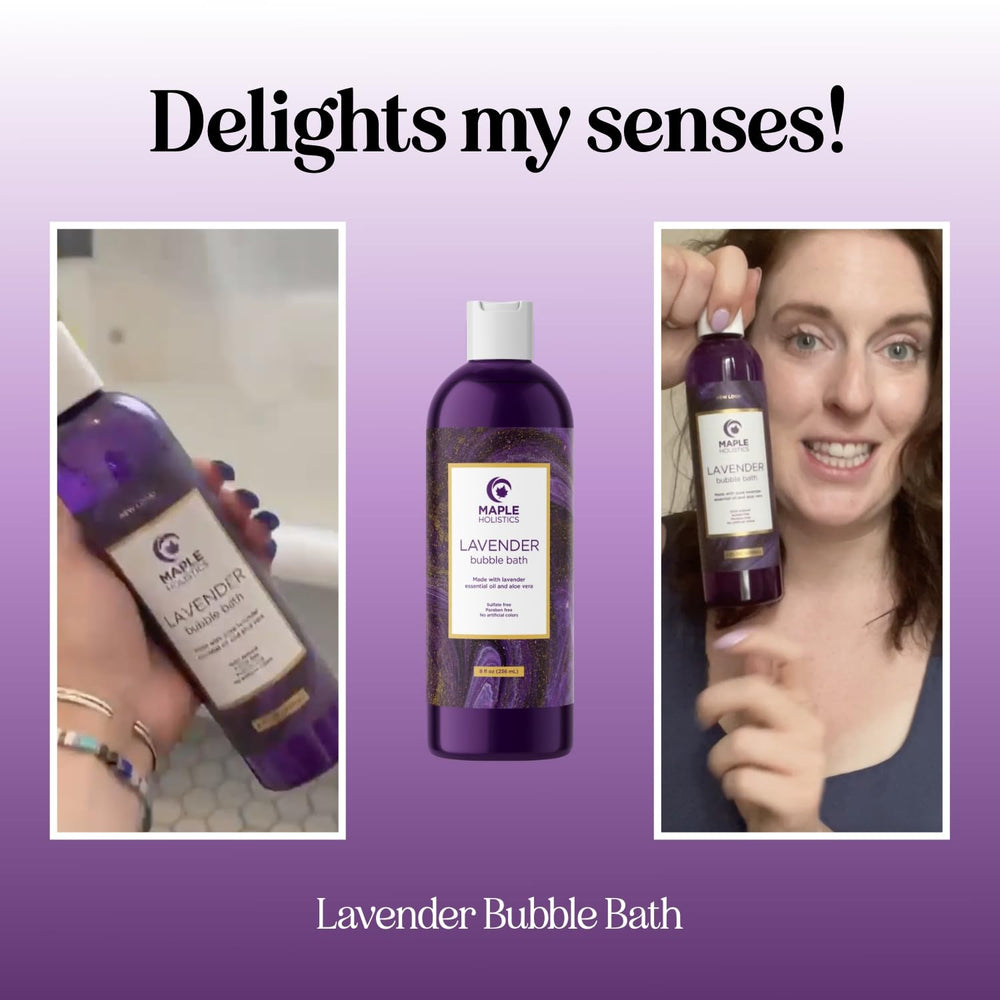 Maple Holistics lavender aromatherapy bath setup in a spa-like scene