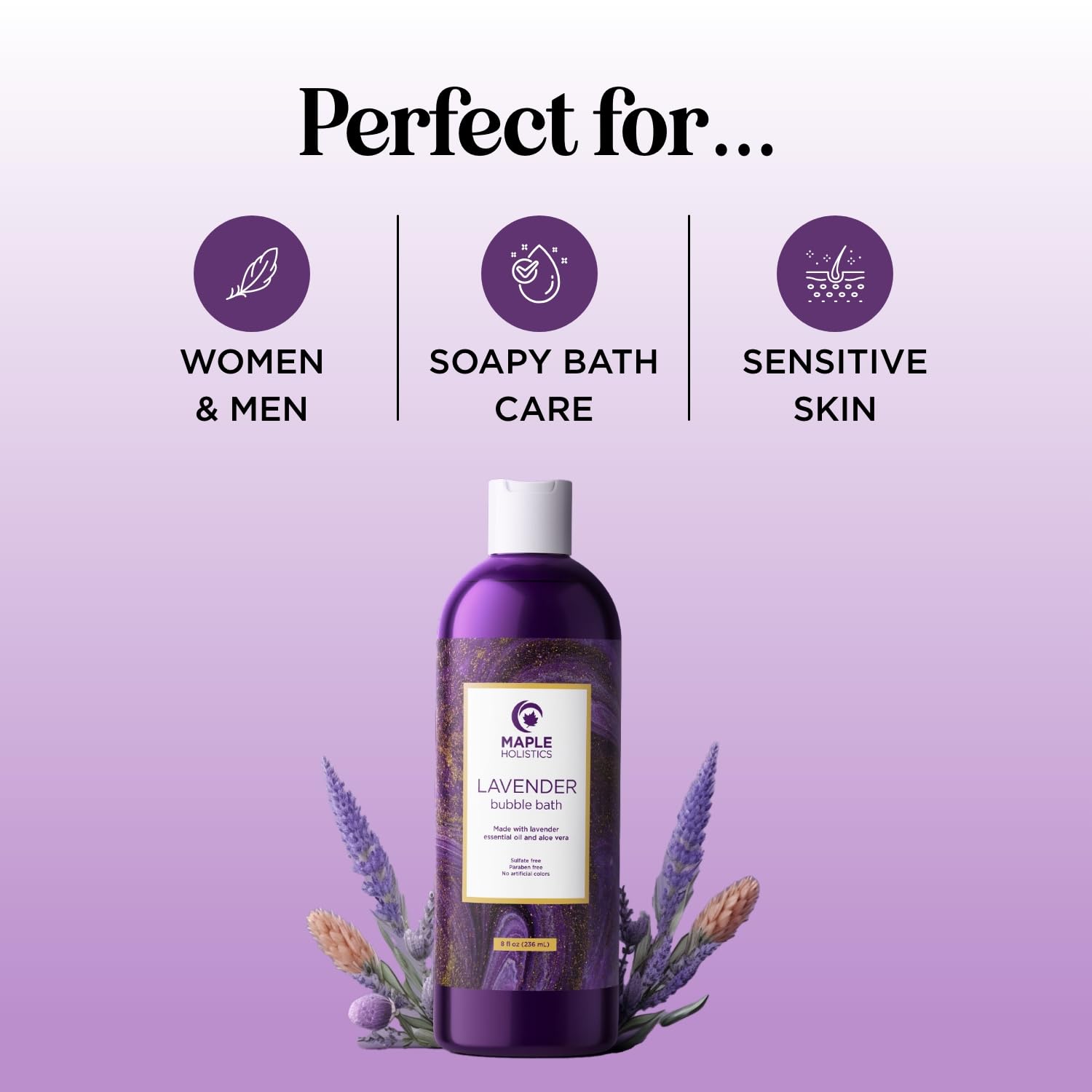 Maple Holistics lavender bubble bath pour captured for relaxing aromatherapy