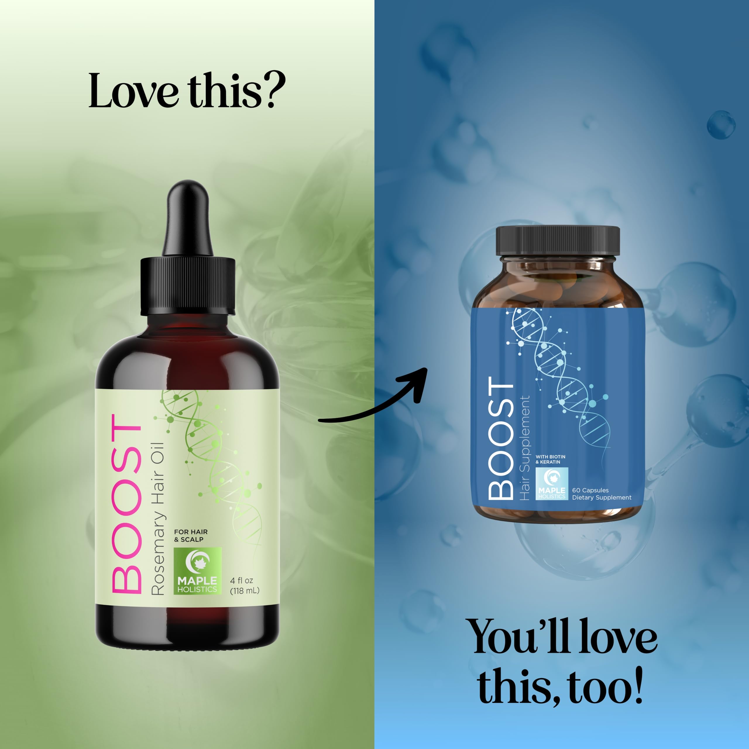 Maple Holistics leave-in hair oil on hair showcases lightweight hydration.