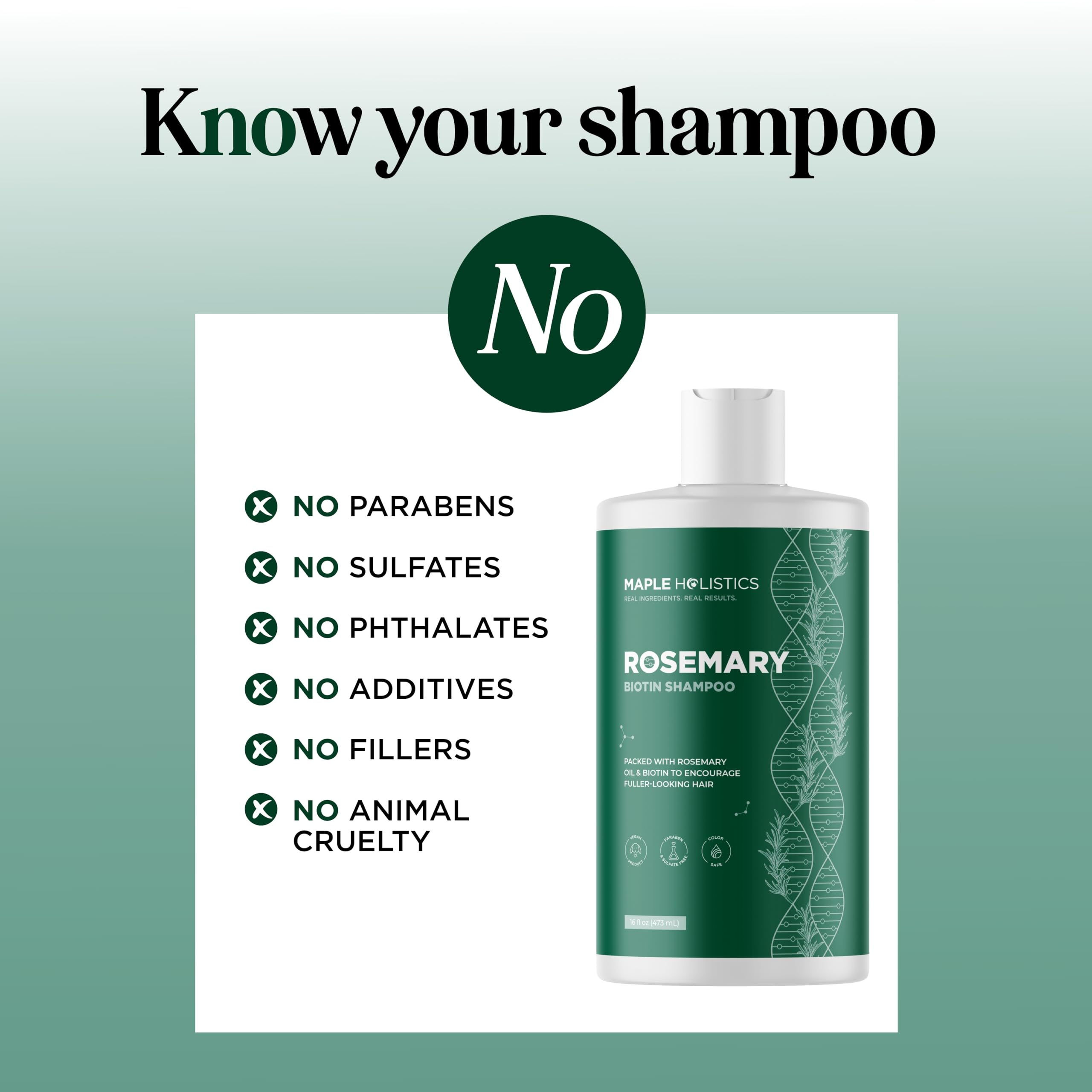 Maple Holistics natural-hair-care rosemary-biotin ingredients on bottle label.