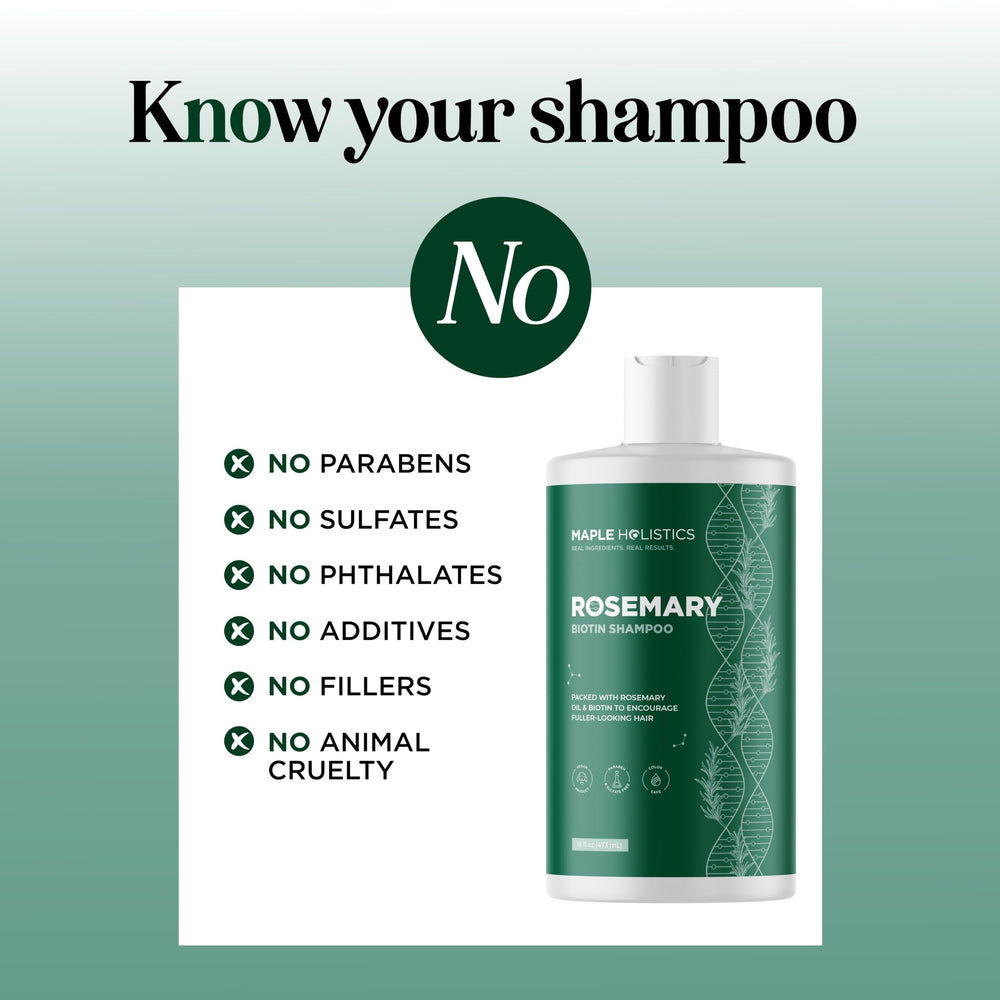 Maple Holistics natural-hair-care rosemary-biotin ingredients on bottle label.