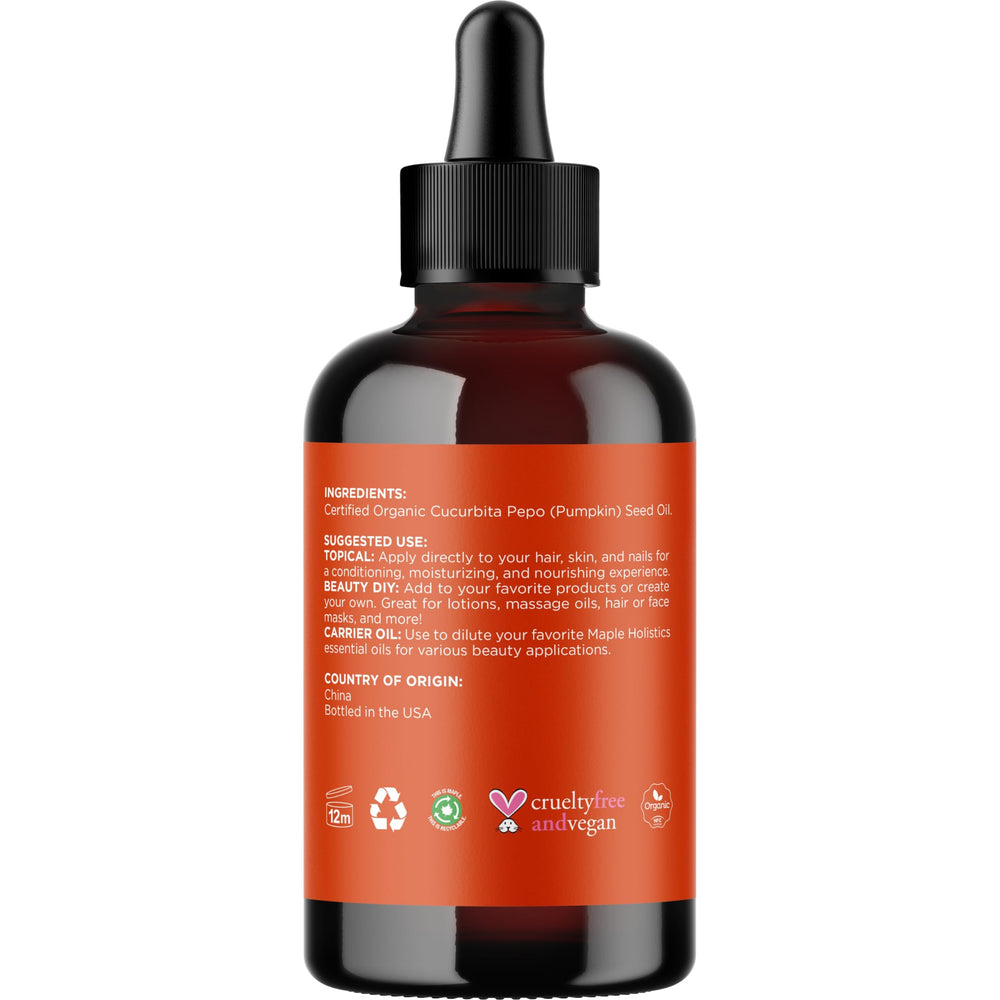 Maple Holistics Pumpkin Seed Oil amber glass bottle on shelf