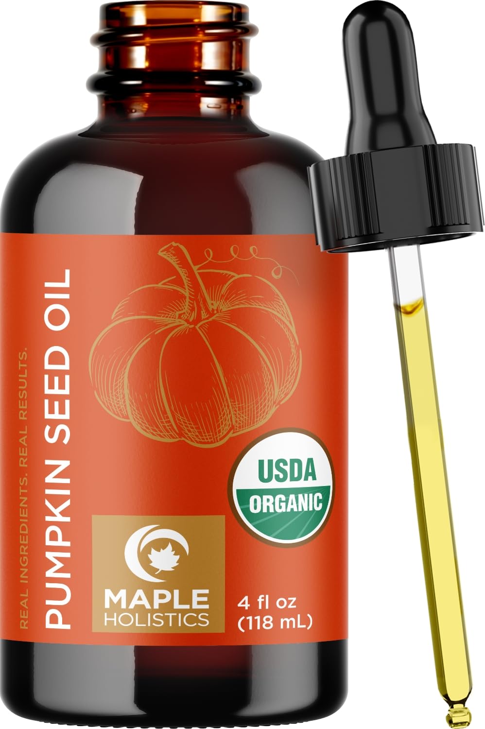 Maple Holistics Pumpkin Seed Oil bottle closeup for hair hydration