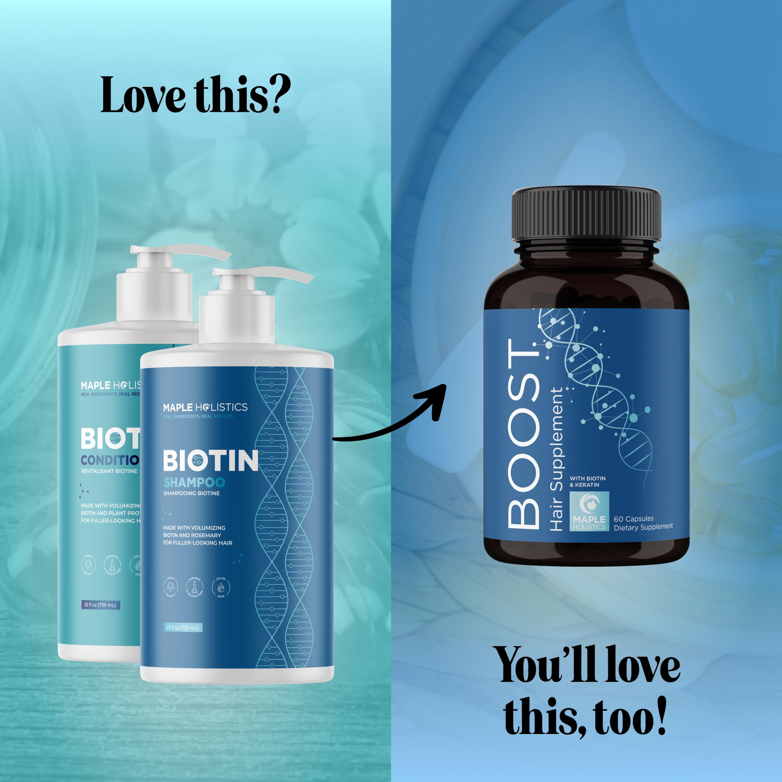 Maple Holistics rosemary biotin hair closeup reveals glossy strands and healthy shine.