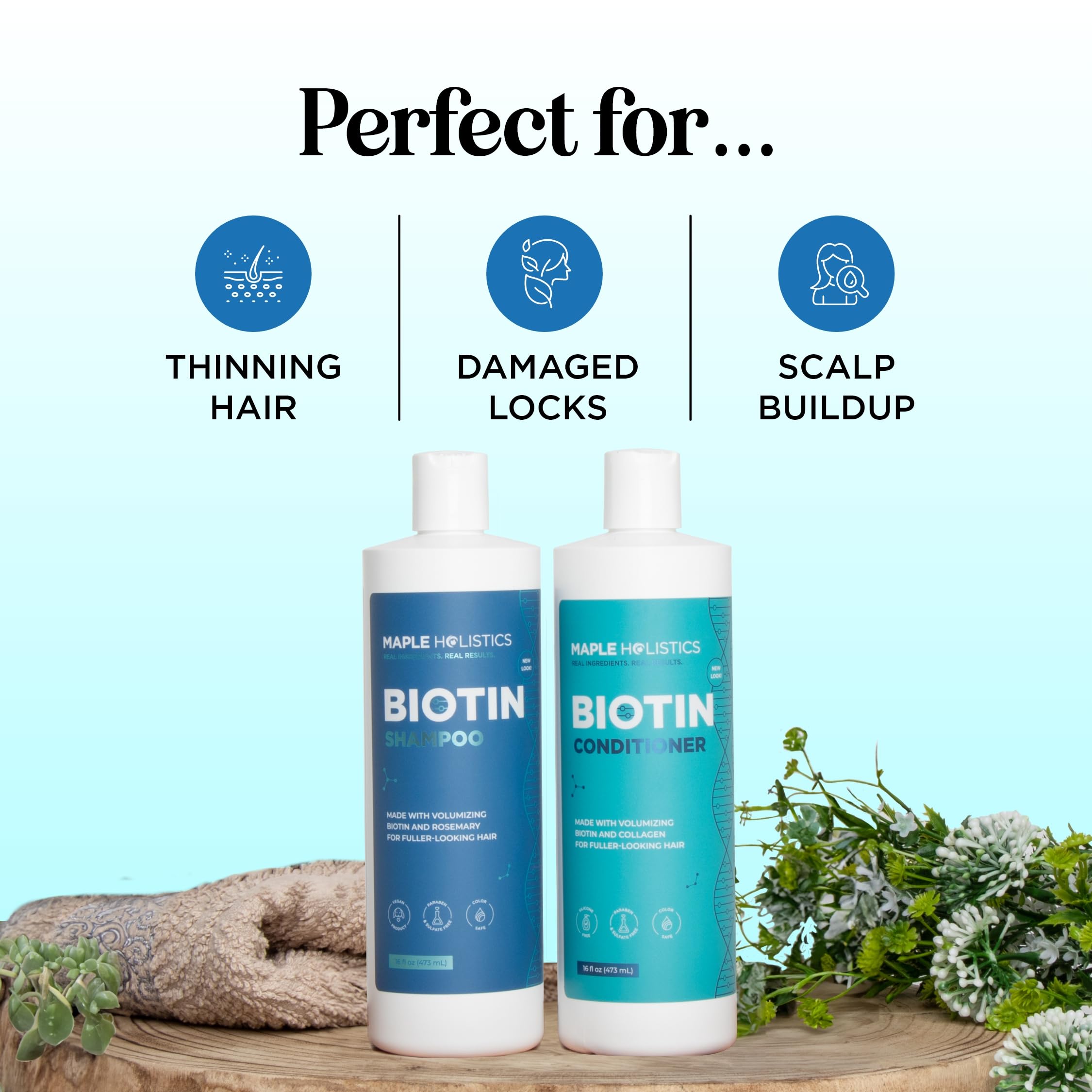 Model demonstrates volumized hair after using the rosemary biotin set