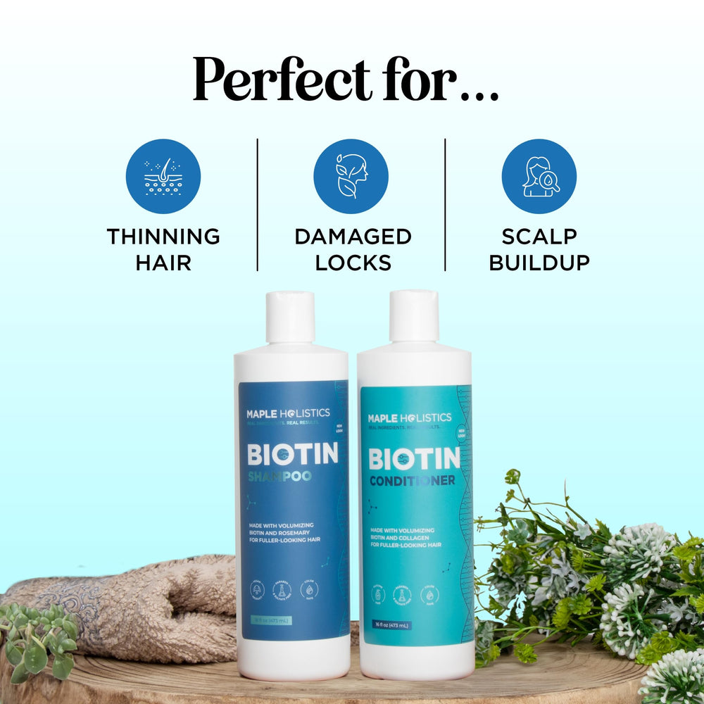 Model demonstrates volumized hair after using the rosemary biotin set