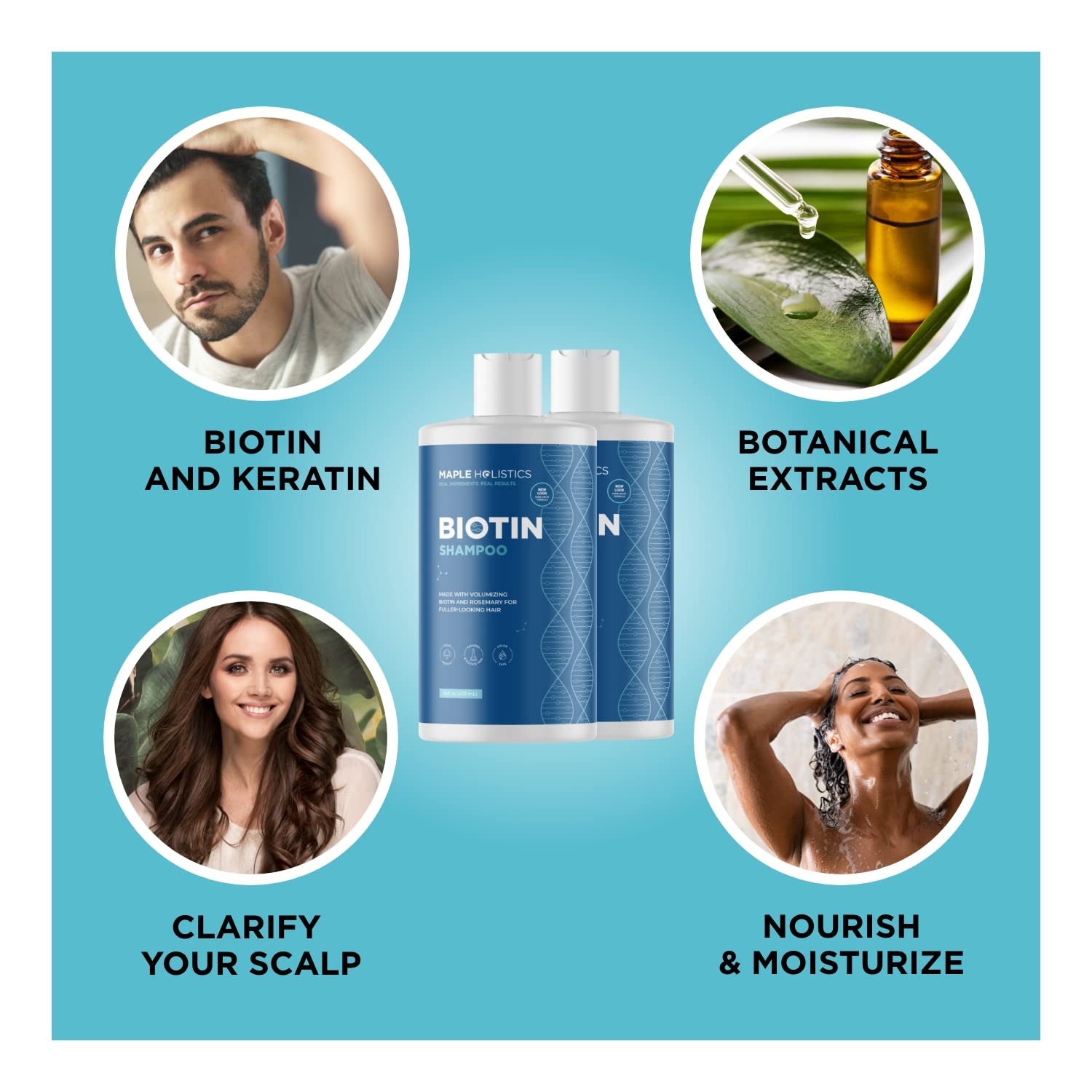 Maple Holistics Rosemary Biotin Shampoo bottle with pour shot shows easy daily cleansing.