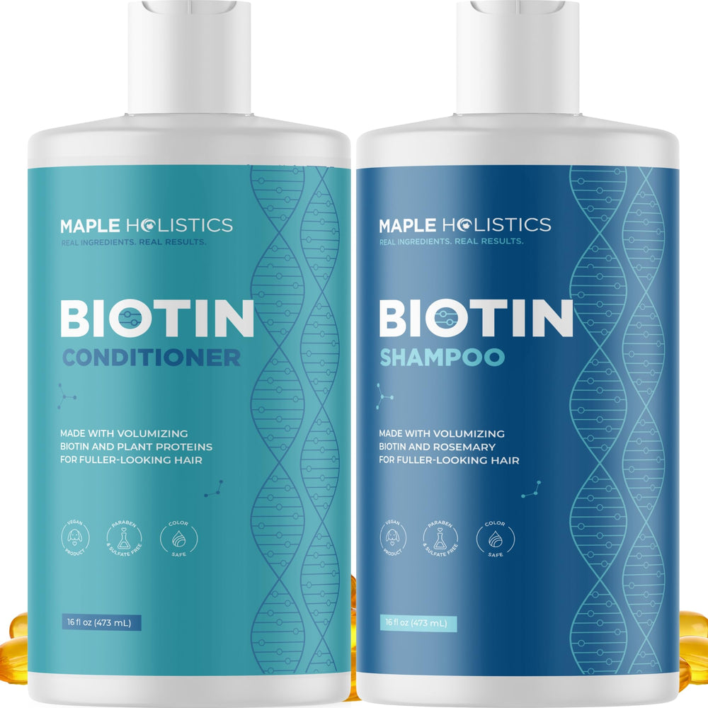Maple Holistics Rosemary Biotin Shampoo bottle-pump showcasing volumizing, color-safe formula for thinning hair.